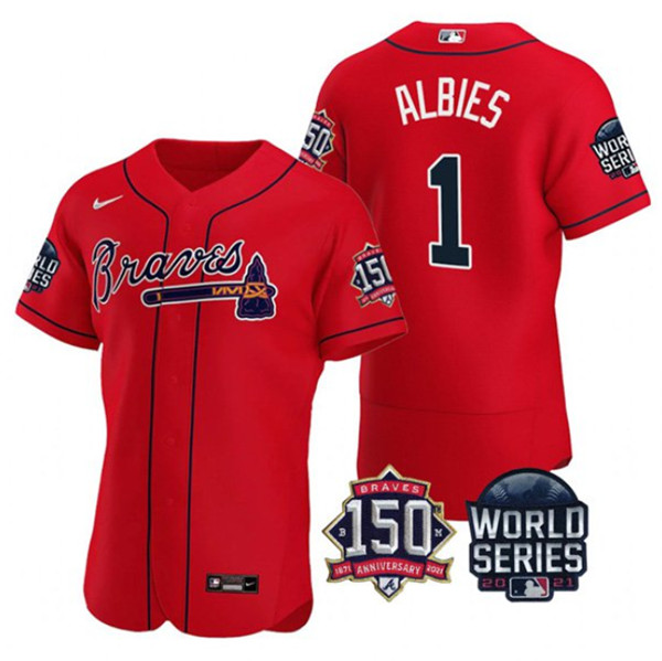Men's Atlanta Braves #1 Ozzie Albies 2021 Red World Series With 150th Anniversary Patch Stitched Baseball Jersey